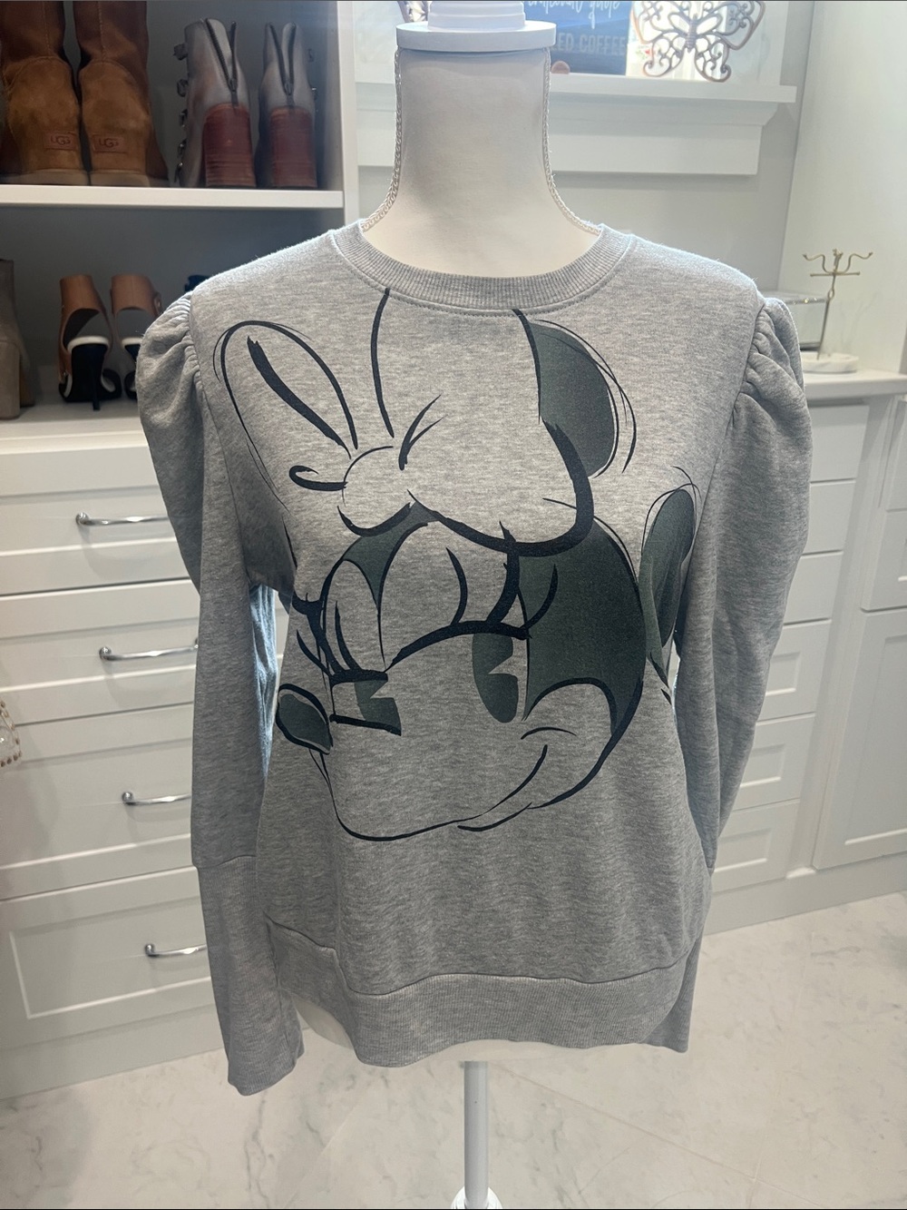 Disney Gray Minnie Mouse Puff Sleeve Crewneck Sweatshirt